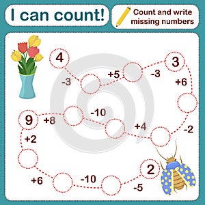 Vector illustration of a children`s math game on the topic I can count. Mathematical examples